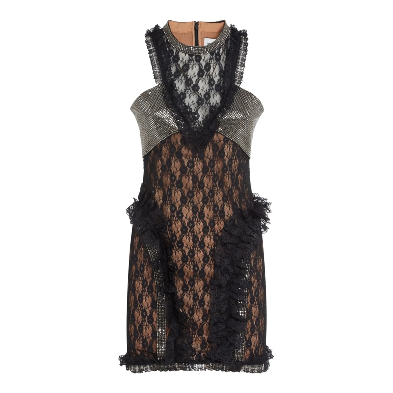 Black Lace Crystal Detail Mini Dress