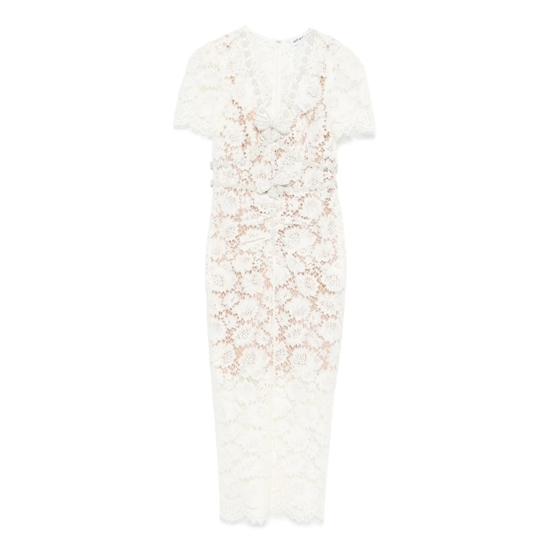 Cream Fine Lace Pearl Midi Dress