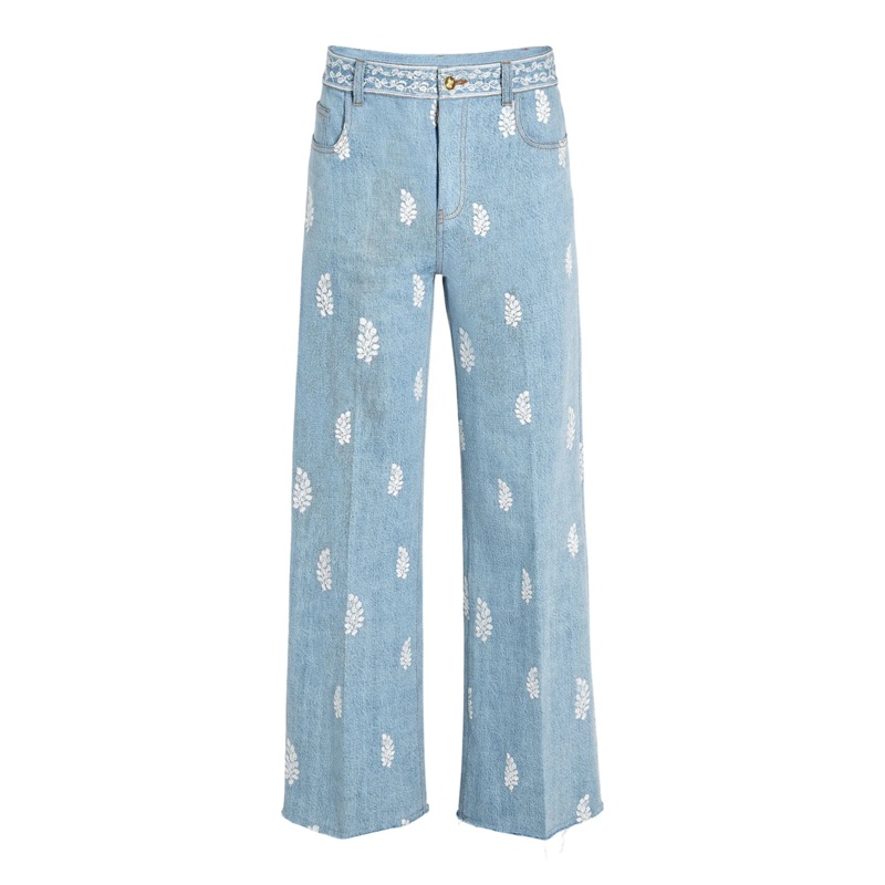 Denim Bleach Embroidered Pants
