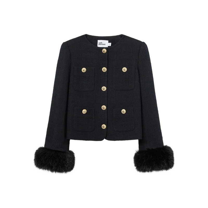 Black Boucle Fur Cuff Jacket