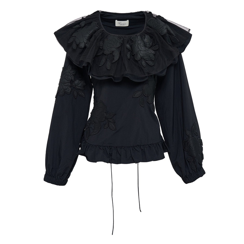 Black Ruffle Floral Embroidery Top