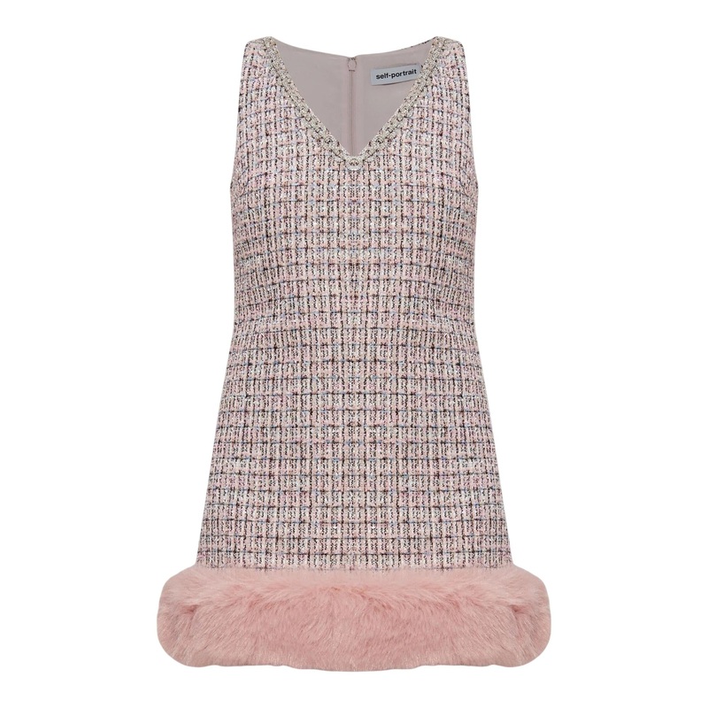 Pink Boucle Fur Hem Mini Dress