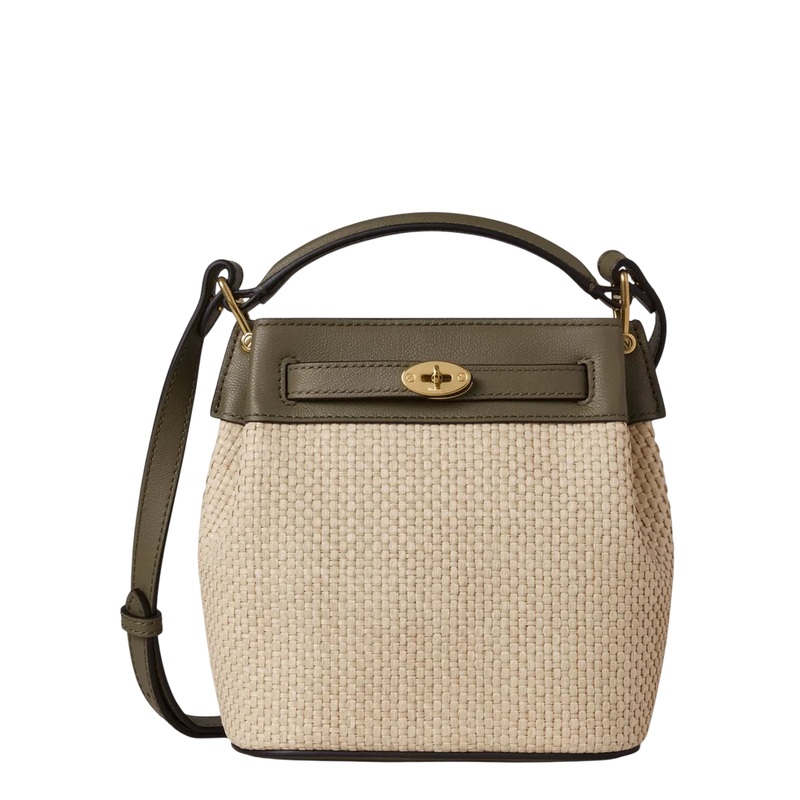 Mini Islington Bucket Linen Green & Natural Raffia & Leather