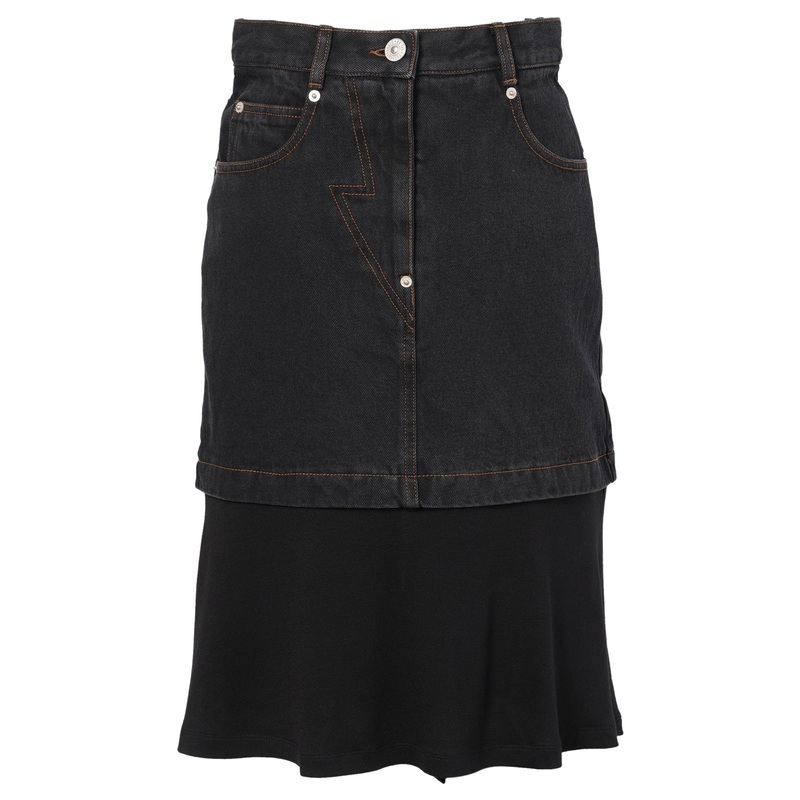 Black Jersey Hem Point Denim Skirt