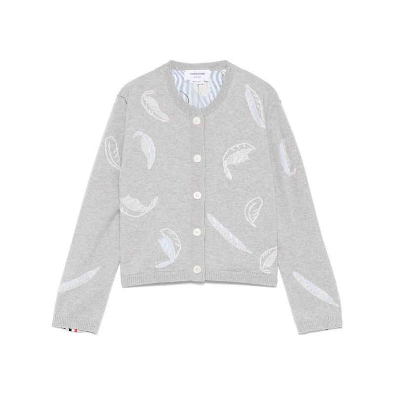 Feather Intarsia Printed Silk Twill Crew Neck Cardigan Women