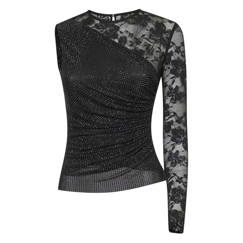 Black Rhinestone Lace Sleeve Top