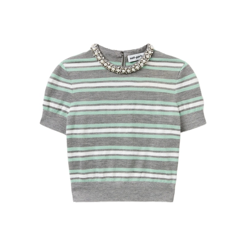 Grey Striped Crystal Trim Knit Top