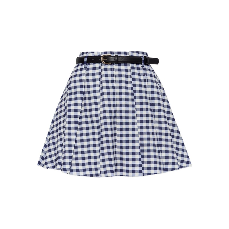 Navy Gingham Pleated Taffeta Mini Skirt