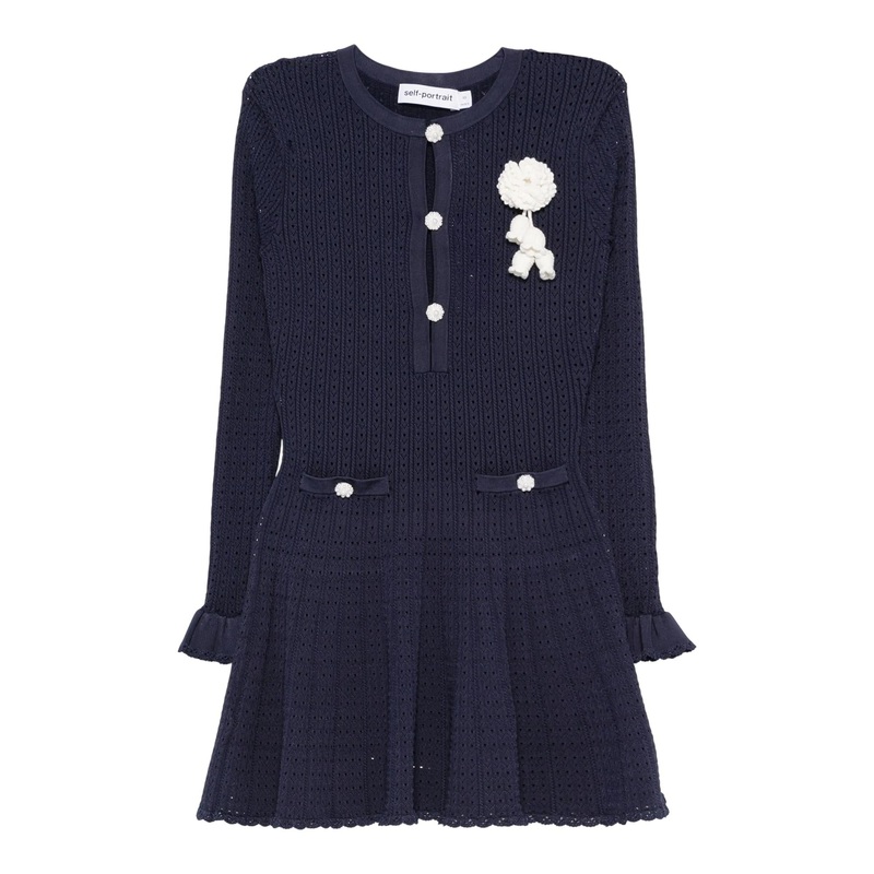 Navy Pointelle Knit Crochet Flower Mini Dress