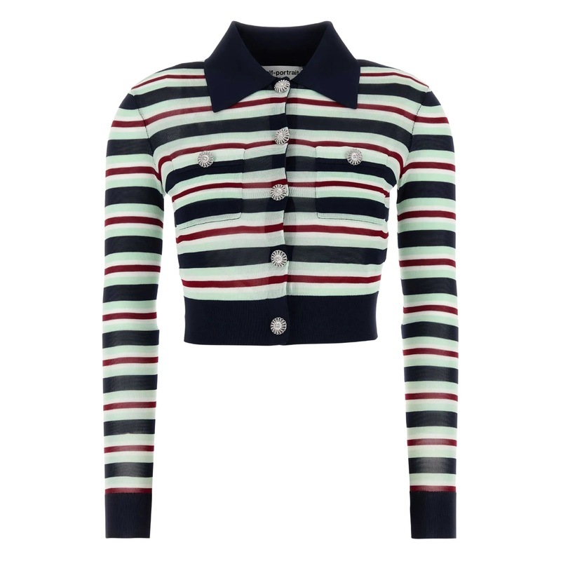 Navy Striped Viscose Knit Top