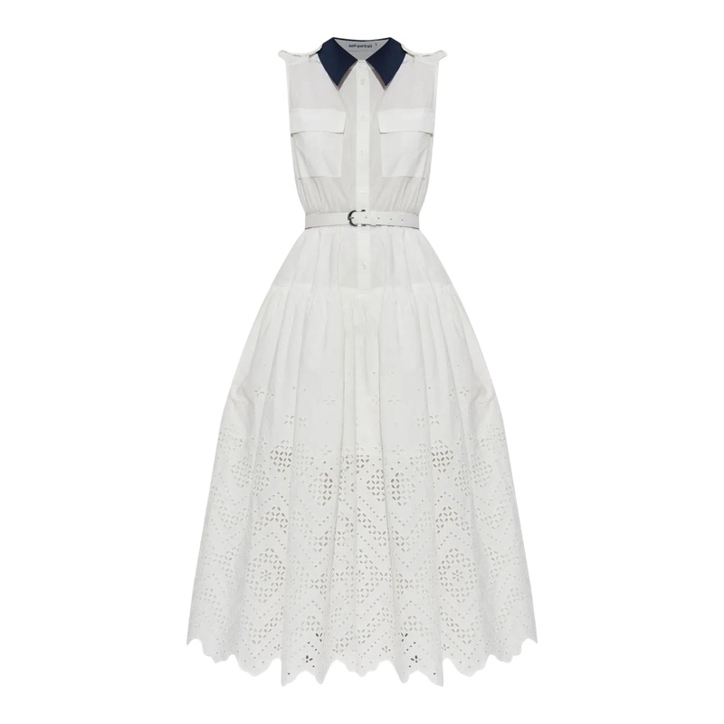 White Contrast Collar Broderie Midi Dress