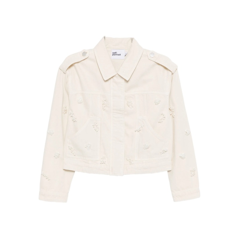 Cream Denim Beaded Floral Jacket