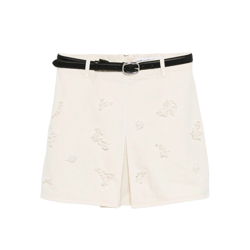 Cream Denim Beaded Floral Mini Skirt