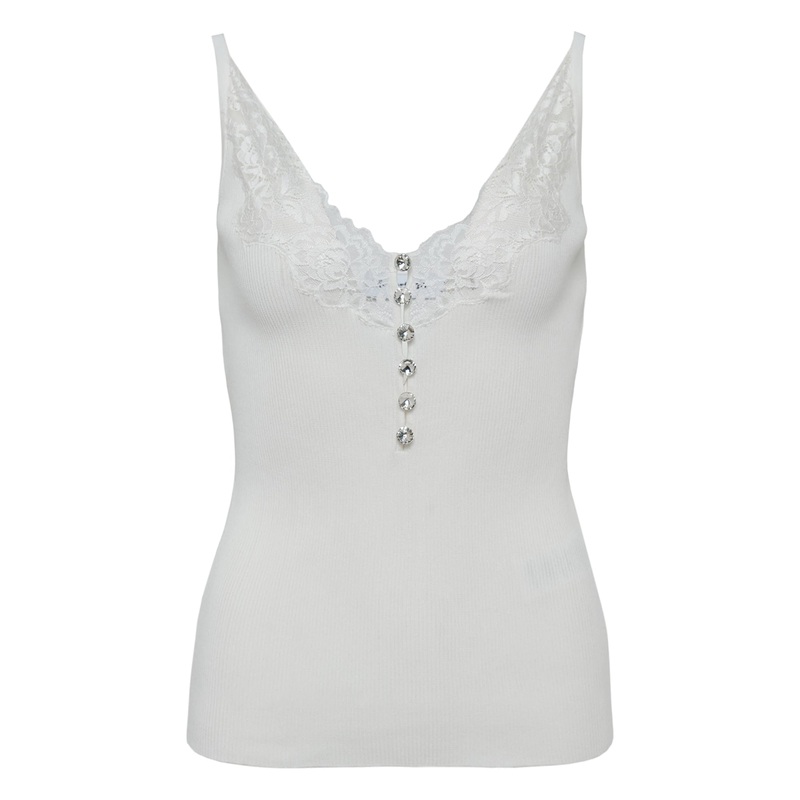 White Lace Trim Rib Knit Top