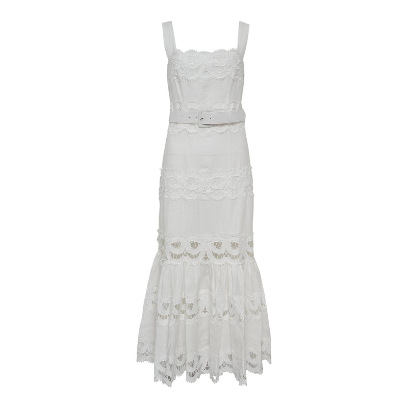 White Linen Lace Insert Midi Dress
