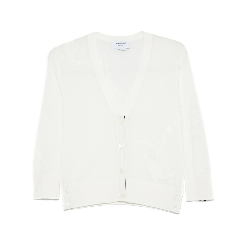 Feather Intarsia Pointelle 4-Bar V Neck Cardigan Women