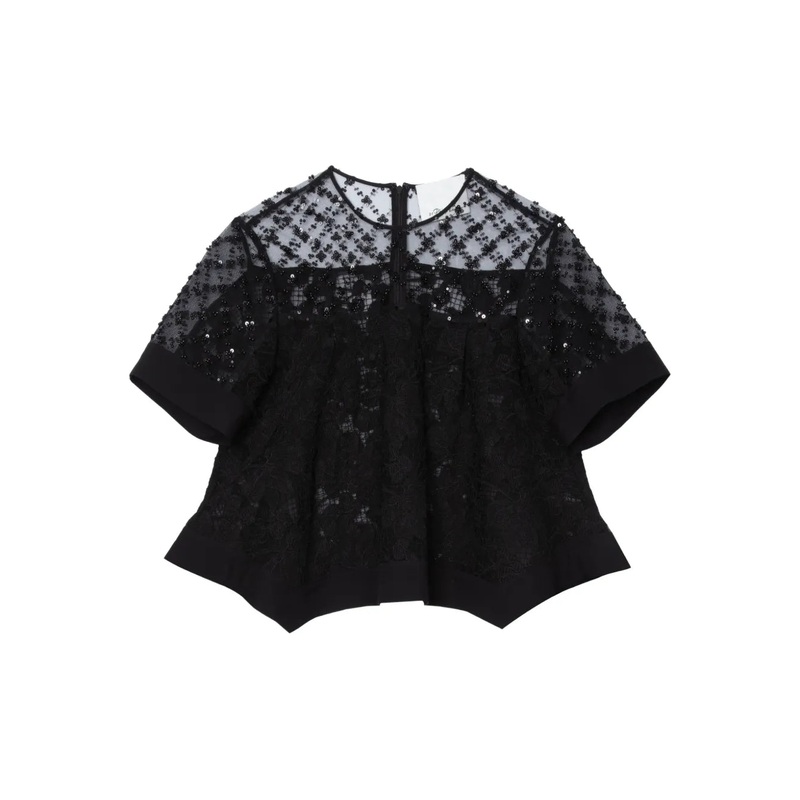 Corded Lace Organza Short Sleeve Flounce Top