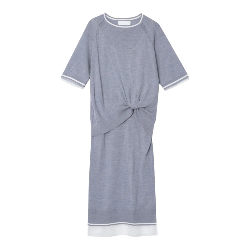 Short Sleeve Draped Knit Dress With Organza