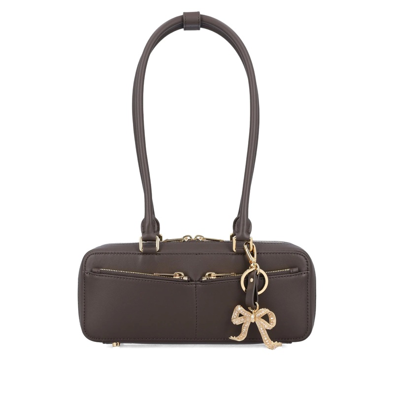 Brown Leather Baguette Shoulder Bag With Charm