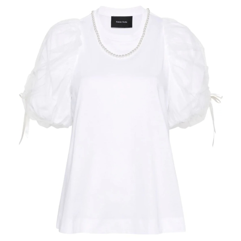 Beaded Tulle Overlay Puff Sleeve Tee