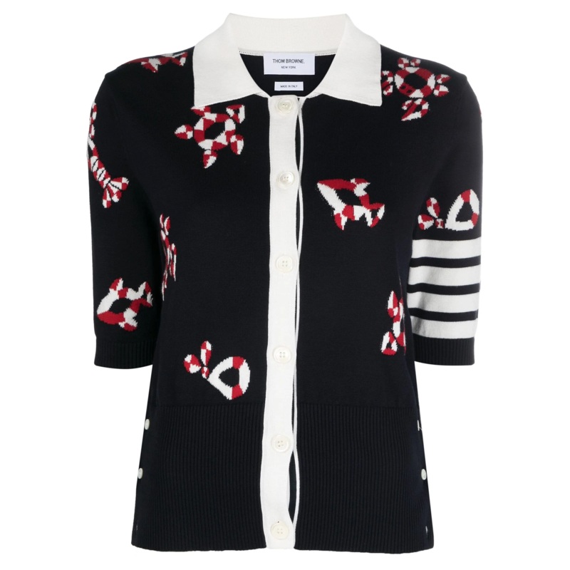 4-Bar Intarsia Knit Polo Cardigan Women