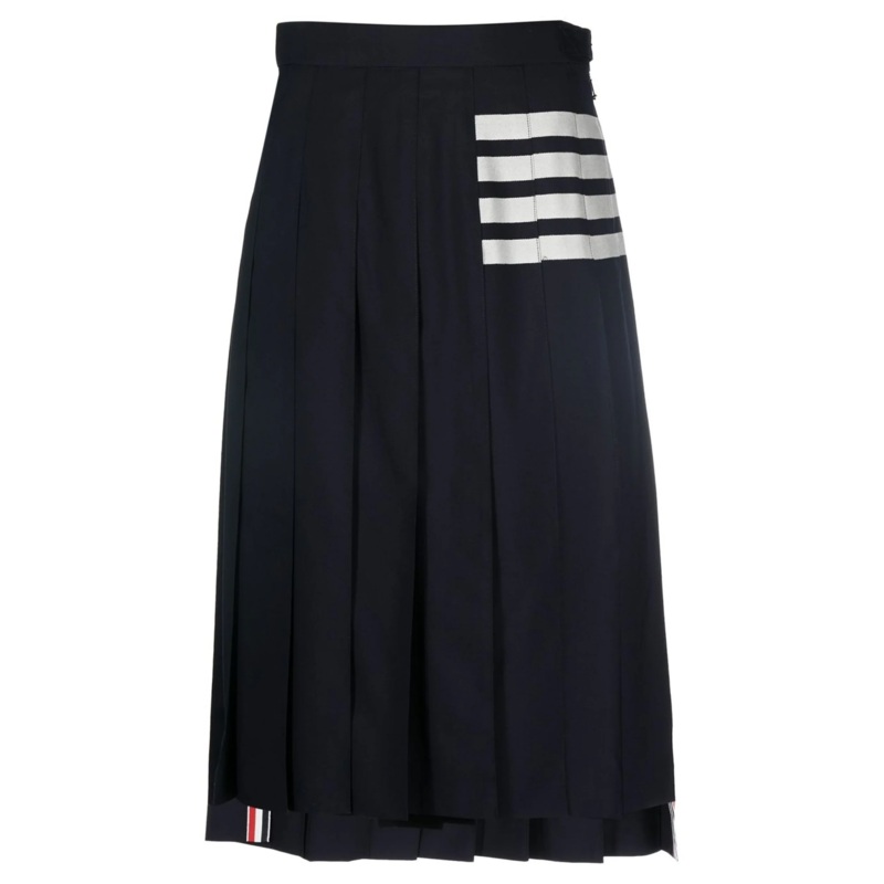 Navy Wool Plain Weave Pleated 4-Bar Skirt Women