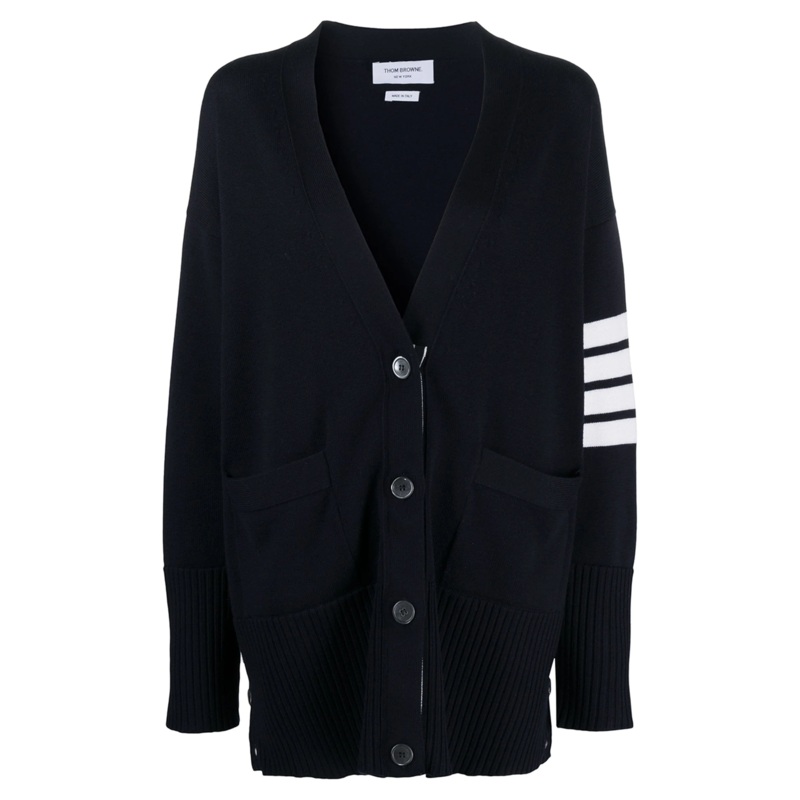 Navy Fine Merino Wool 4-Bar Exaggerated Fit V-Neck Cardigan Women