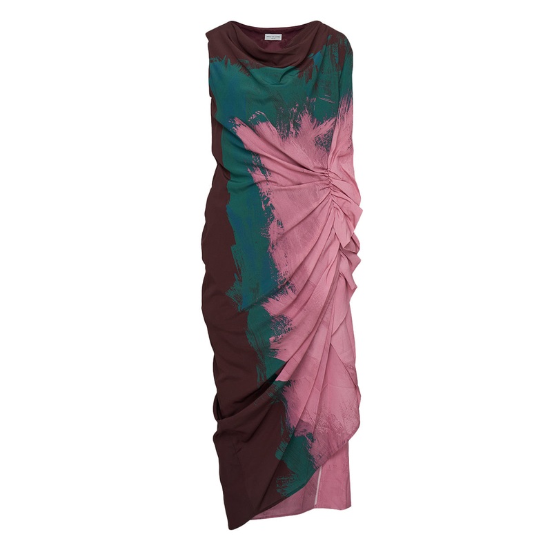 Side Drapes Silk Geo Brushstroke Dress