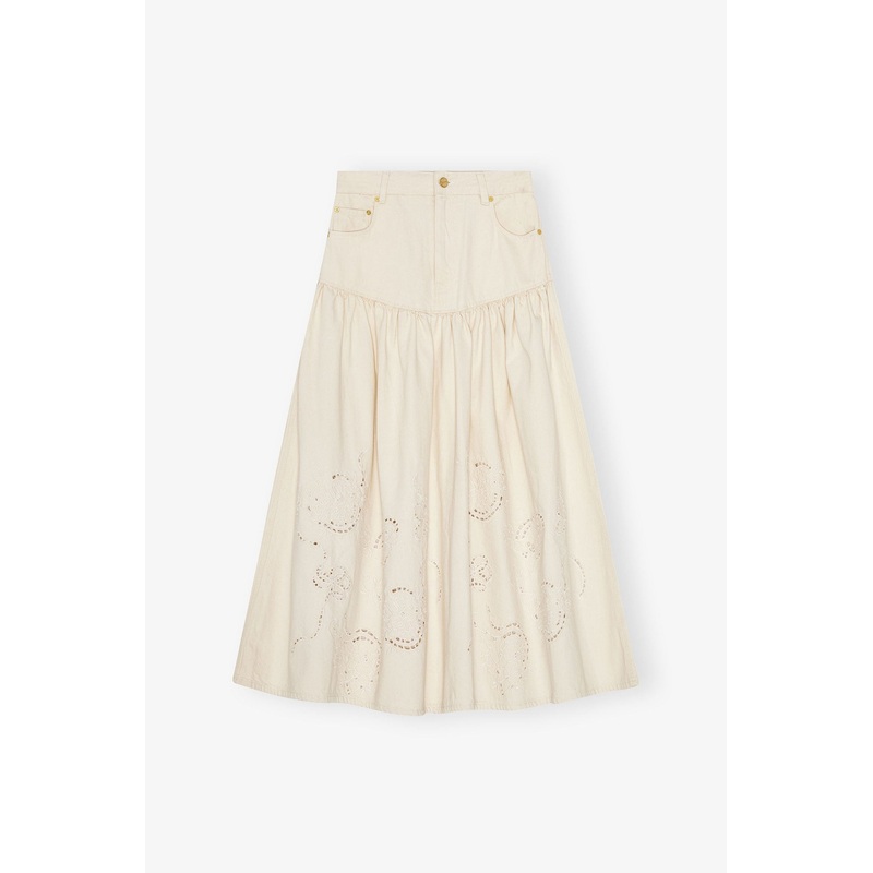 Broderie Anglaise Denim Long Skirt