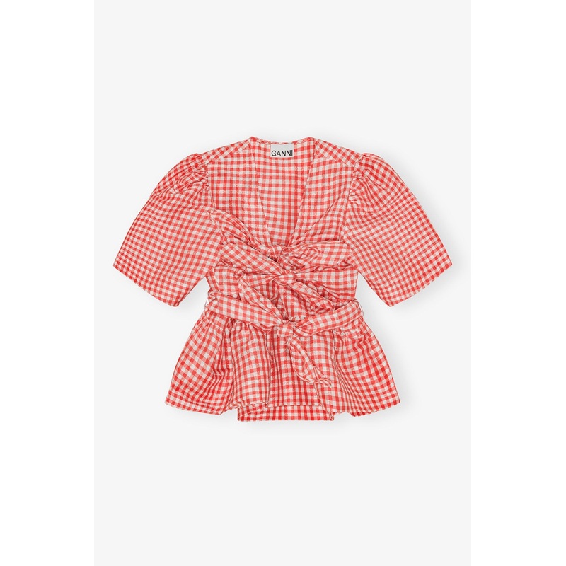 Crinkled Taffeta Check Tie Strap Top