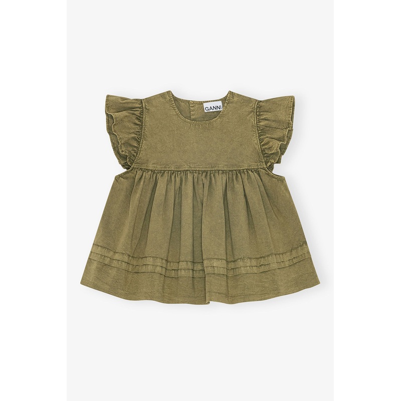 Washed Stretch Cotton Frill Sleeve Top