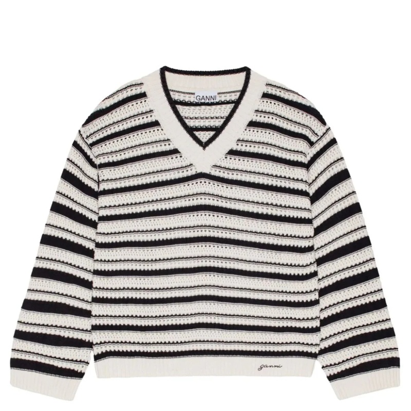 Striped Cotton Pointelle V-Neck Sweater