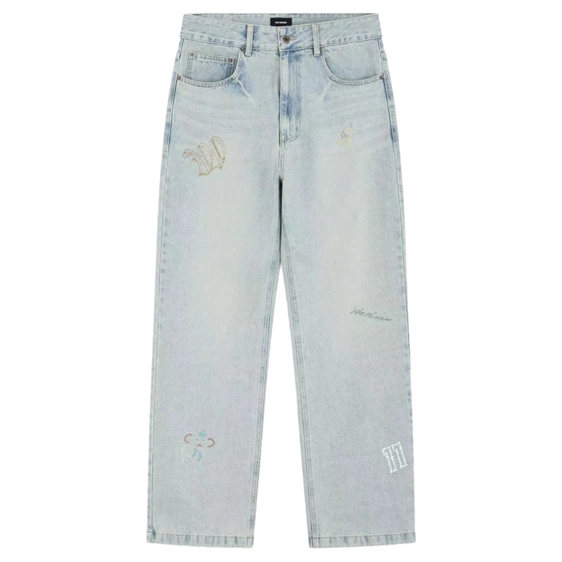 Sky Blue Mens Rhinestone Washed Jeans