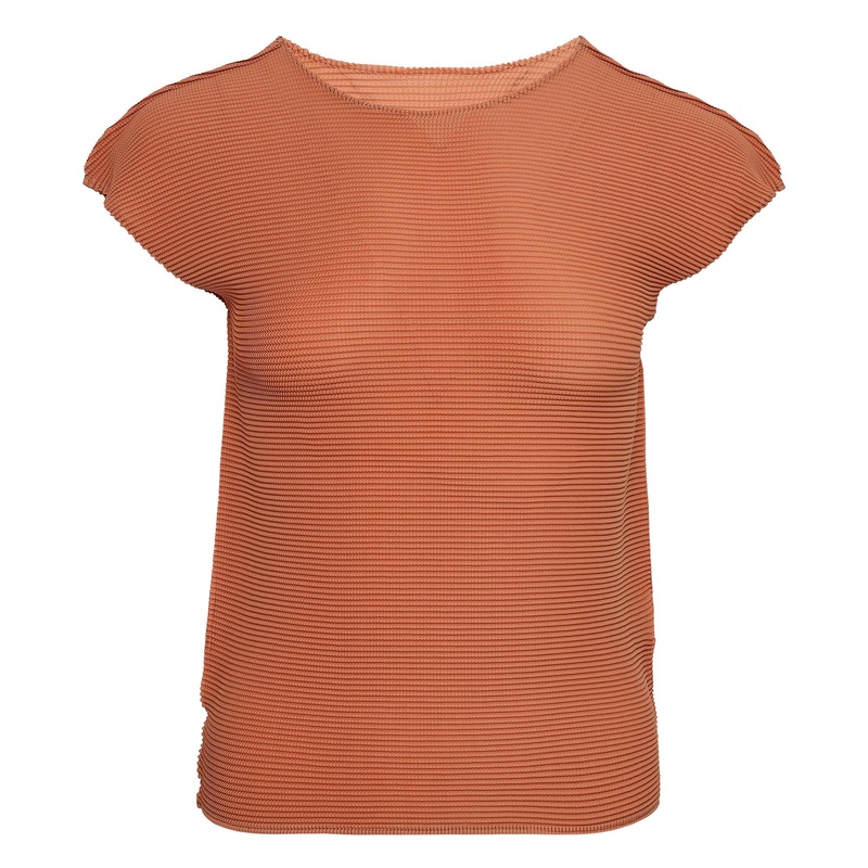 Stretch Pleats 3 Cap Sleeve Round Neck Top