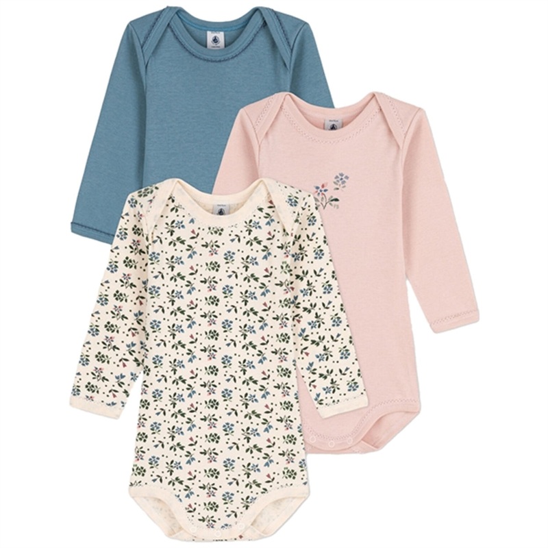 Petit Bateau Bodies ML 3 Pack Rose\/Flower\/Blue