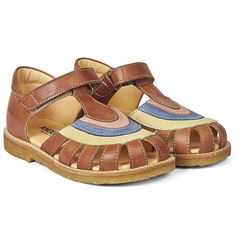 Angulus Sandal W. Rainbow And Velcro Cognac\/Yellow\/Blue\/Peach