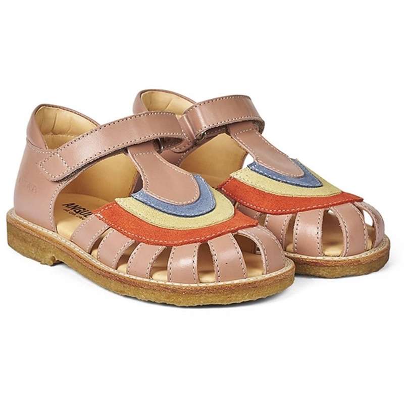 Angulus Sandal W. Rainbow And Velcro Dark Peach\/Coral\/Yellow\/Blue
