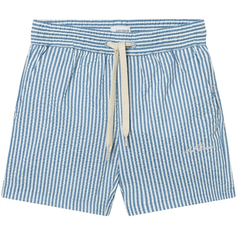 Les Deux Kids Washed Denim Blue\/Light Ivory Stan Stripe Seersucker Swim Shorts