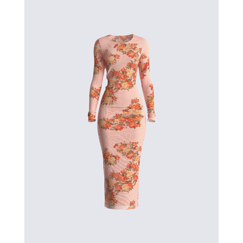 Gardenia Rose Print Mesh Midi Dress