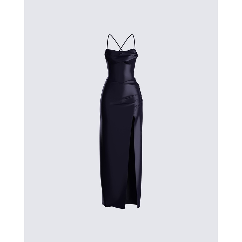 Lerata Black Satin Maxi Dress