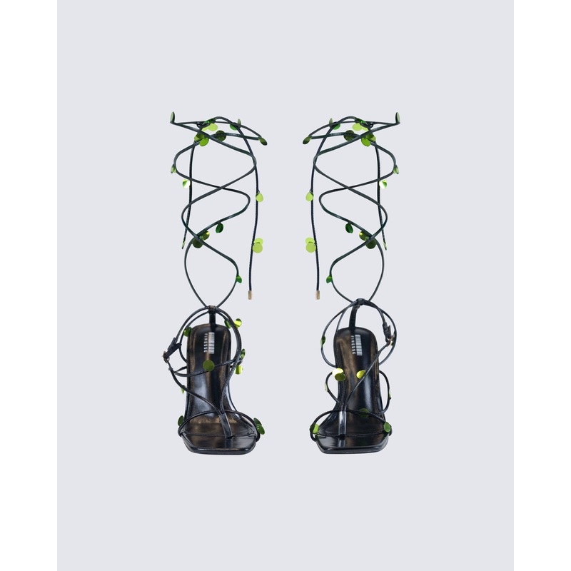 Naya Black Sequin Lace Up Heels