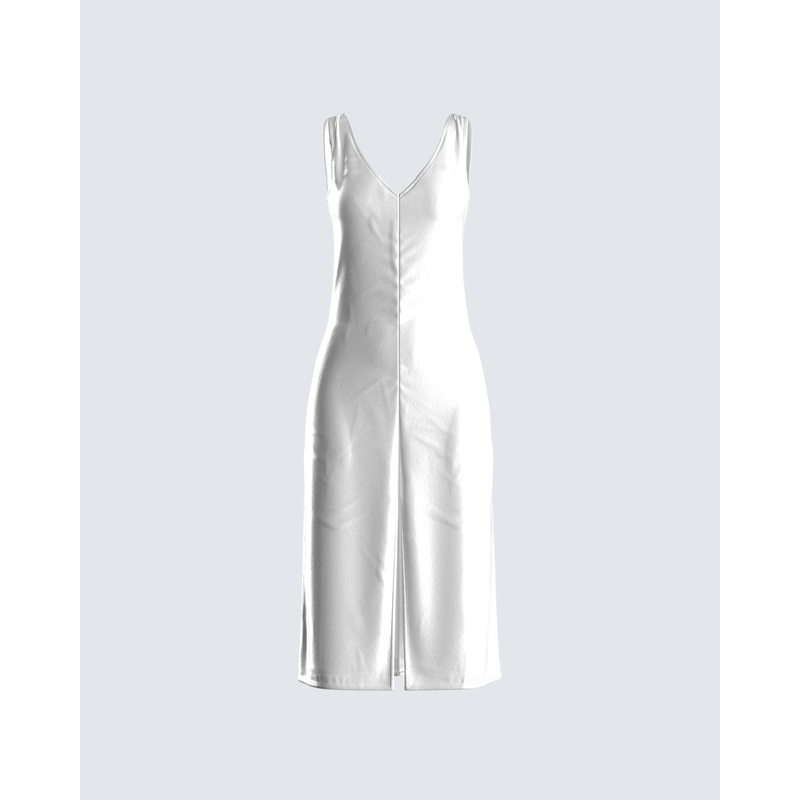 Saskia White Satin Slit Midi Dress