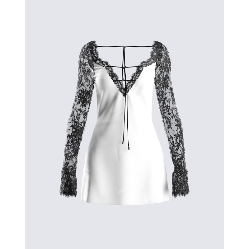 Minnie White Satin Lace Trim Dress