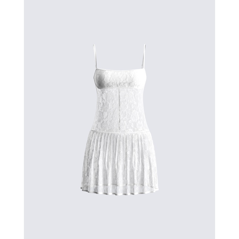 Zera White Lace Pleated Mini Dress