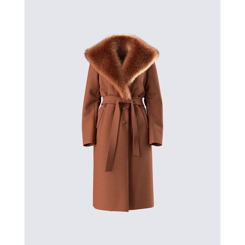 Hala Brown Faux Fur Trim Coat