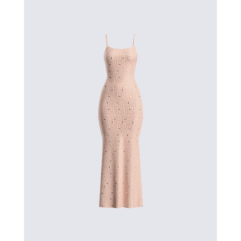 Lan Nude Rhinestone Maxi Dress