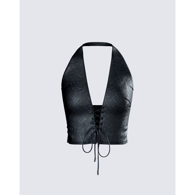 Selena Black Embossed Lace Up Top