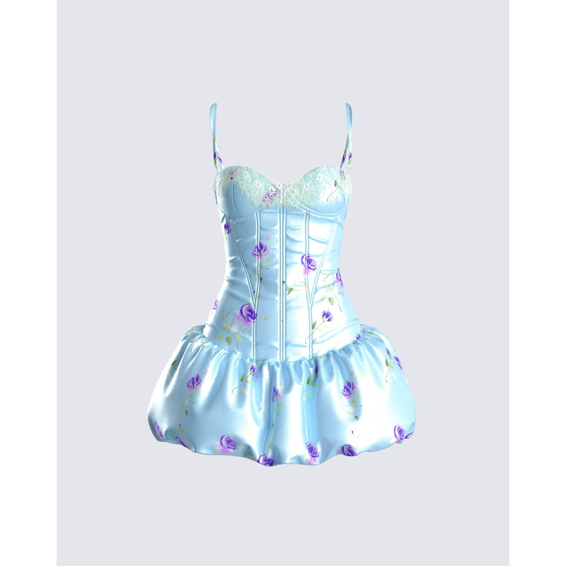 Tif Blue Satin Floral Bubble Dress