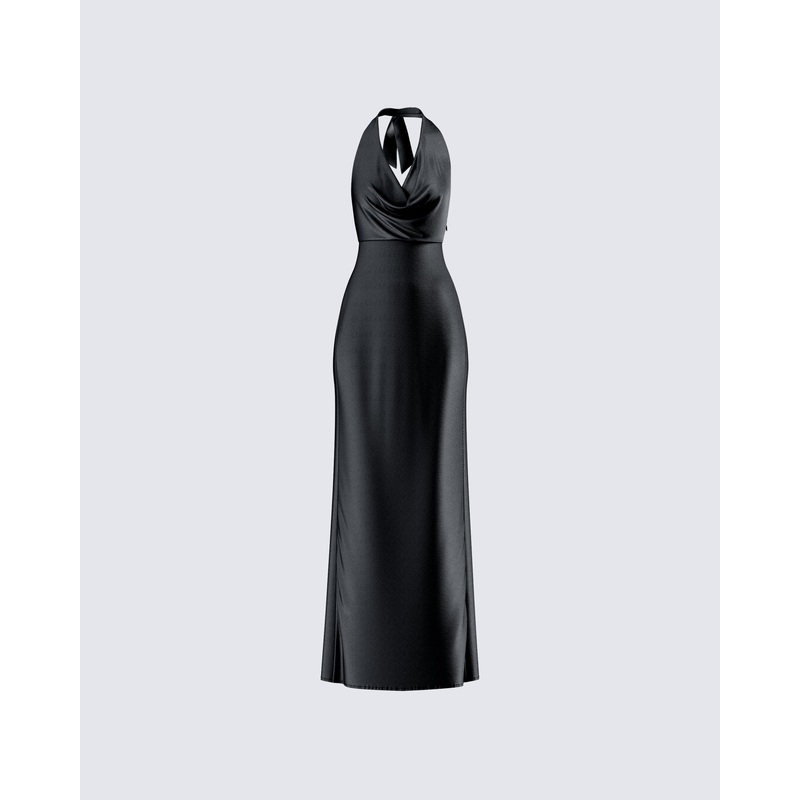 Holly Black Satin Cowl Maxi Dress