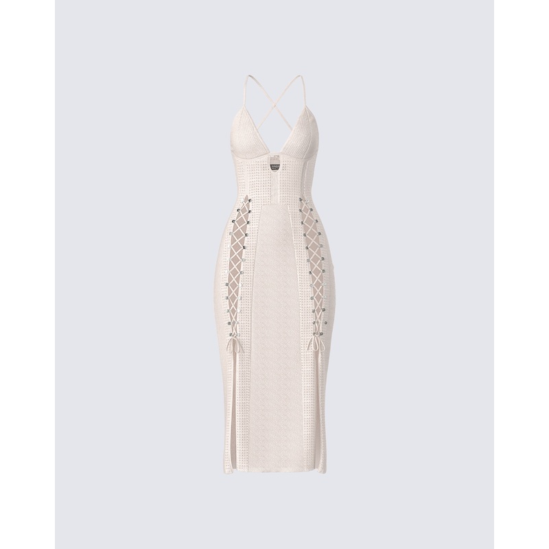 Jing Ivory Crochet Knit Midi Dress